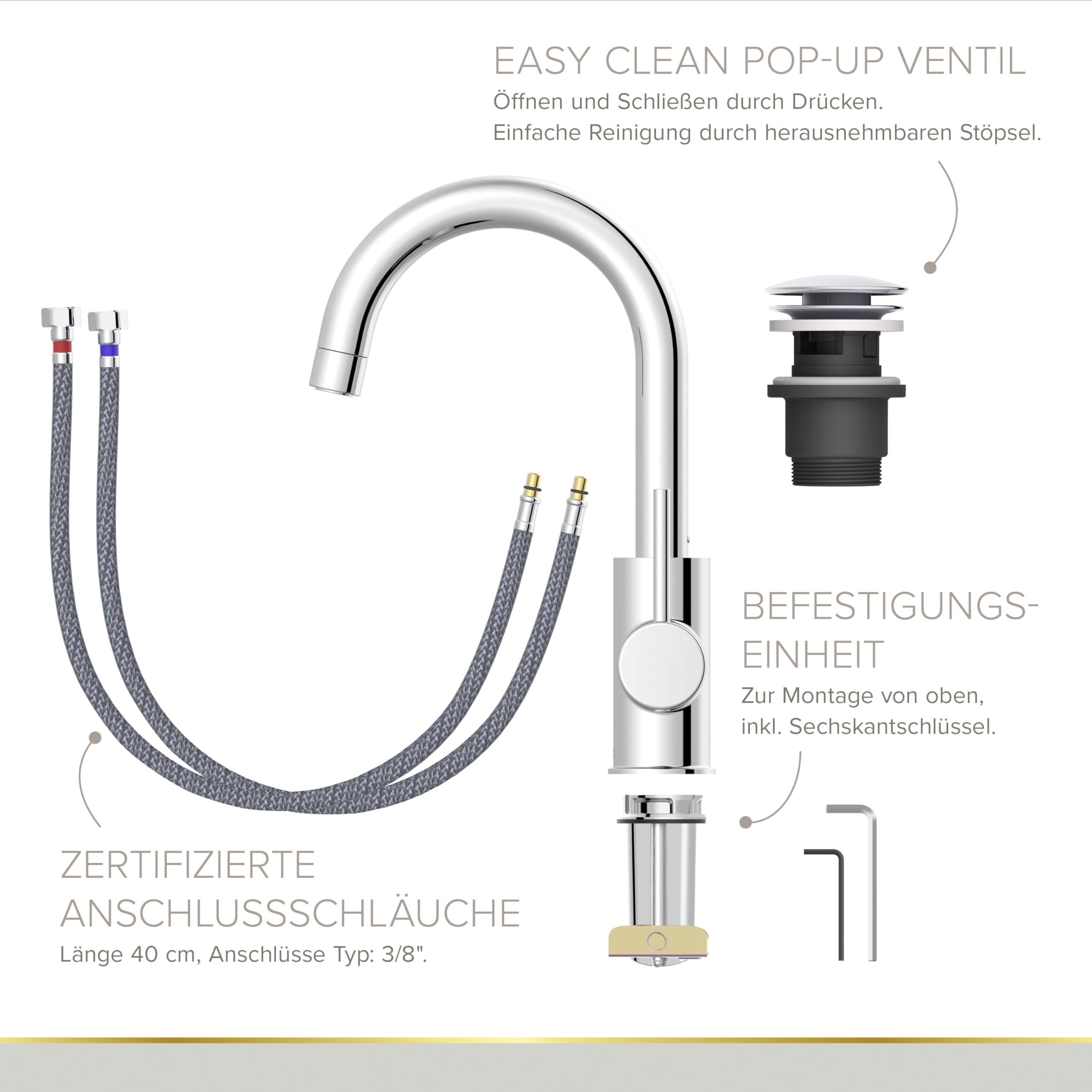 Lenz Waschtischarmatur Bow² in Chrom – 360° schwenkbarer Bogenauslauf – Mit EasyClean Pop-Up Ventil – EasyFix Befestigung von oben – Hochwertige & pflegeleichte Oberfläche – 46010202 | Badarmatur mit Anti-Kalk Markenmischdüse, Keramikkartusche, Befestigun