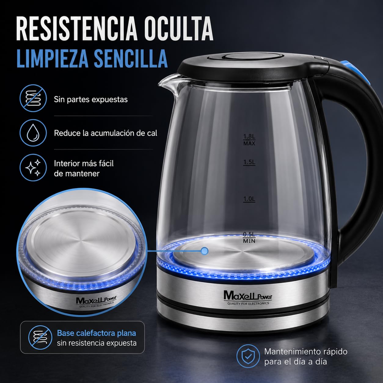MAXELLPOWER HERVIDOR DE AGUA HERVIDORA ELECTRICA CAPACIDAD VIDRIO CRISTAL TEMPLADO 1500W LED FUNCIONAMIENTO APAGADO AUTOMATICO ACERO INOXIDABLE RESISTENCIA OCULTA DISPONIBLE 2 TAMAÑOS (1,8L)