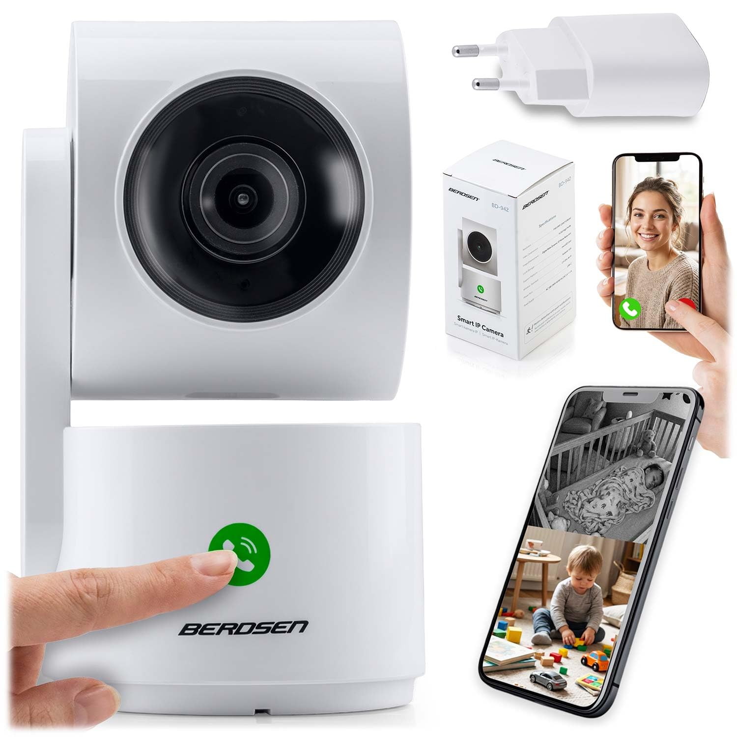 Berdsen Tuya Babyphone avec caméra WiFi IP 3MP pour la Maison - Bouton d'appel, Plage de Rotation à 350°/135°, Mode Nuit, détection de Mouvement, Audio bidirectionnel