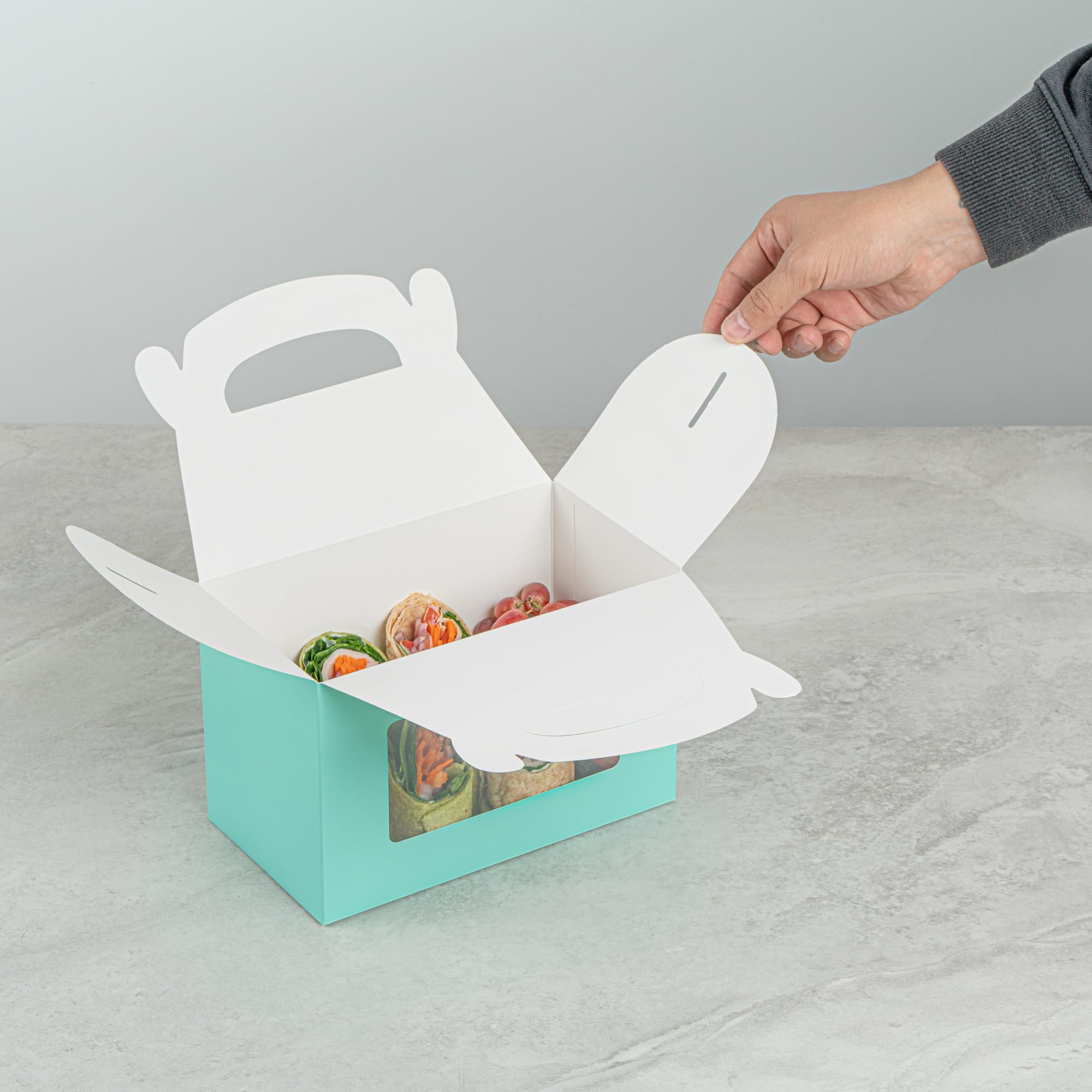 Restaurantware Bio Tek - Cajas a dos aguas de 8.5 x 4.8 x 5.5 pulgadas para recuerdos de fiesta, 100 atractivas cajas de regalo, ventana de PET transparente, con asa integrada, cajas de granero de