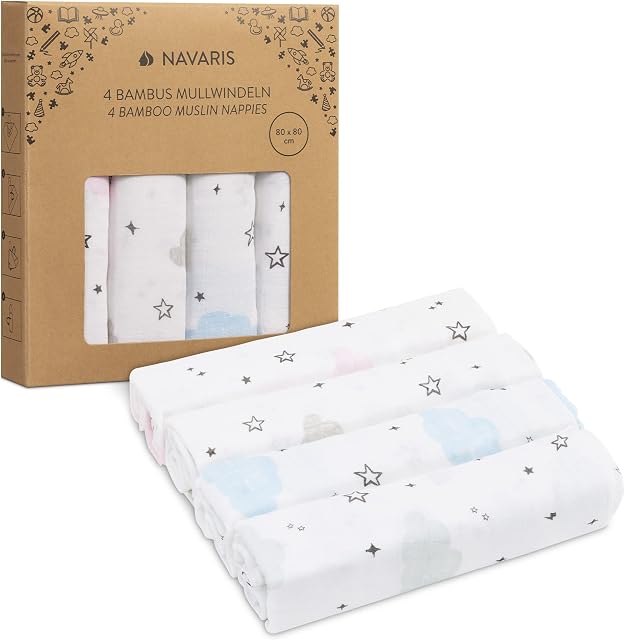 Navaris Muslin Cloths for Baby (Pack of 4) - 80 x 80 cm Squares for Burping, Blanket, Cot - Super Soft Bamboo and Cotton