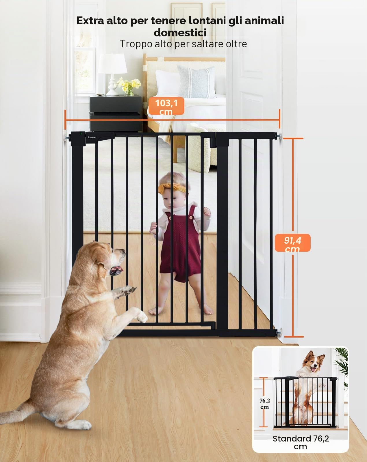 COMOMY 91,5cm Cancelletto per cani Extra Alto, per Scale e Porte, 75 a 103cm di Larghezza, Montato a Pressione Cancellino Bambini di Sicurezza Extra Largo a Chiusura Automatica per Casa, Nero