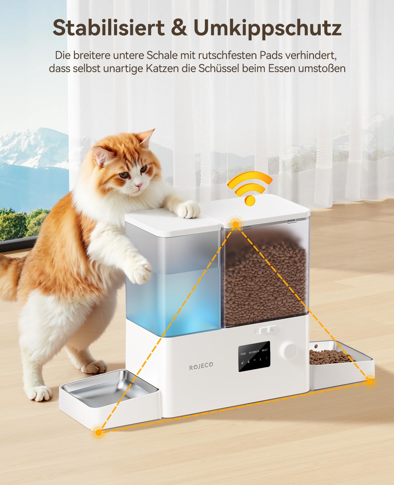 ROJECO Distributore Cibo Gatti Automatico 2-in-1 con Wi-Fi APP, 5L Crocchette + 3.5L Acqua a Gravità, Mangiatoia e Abbeveratoio per Gatti