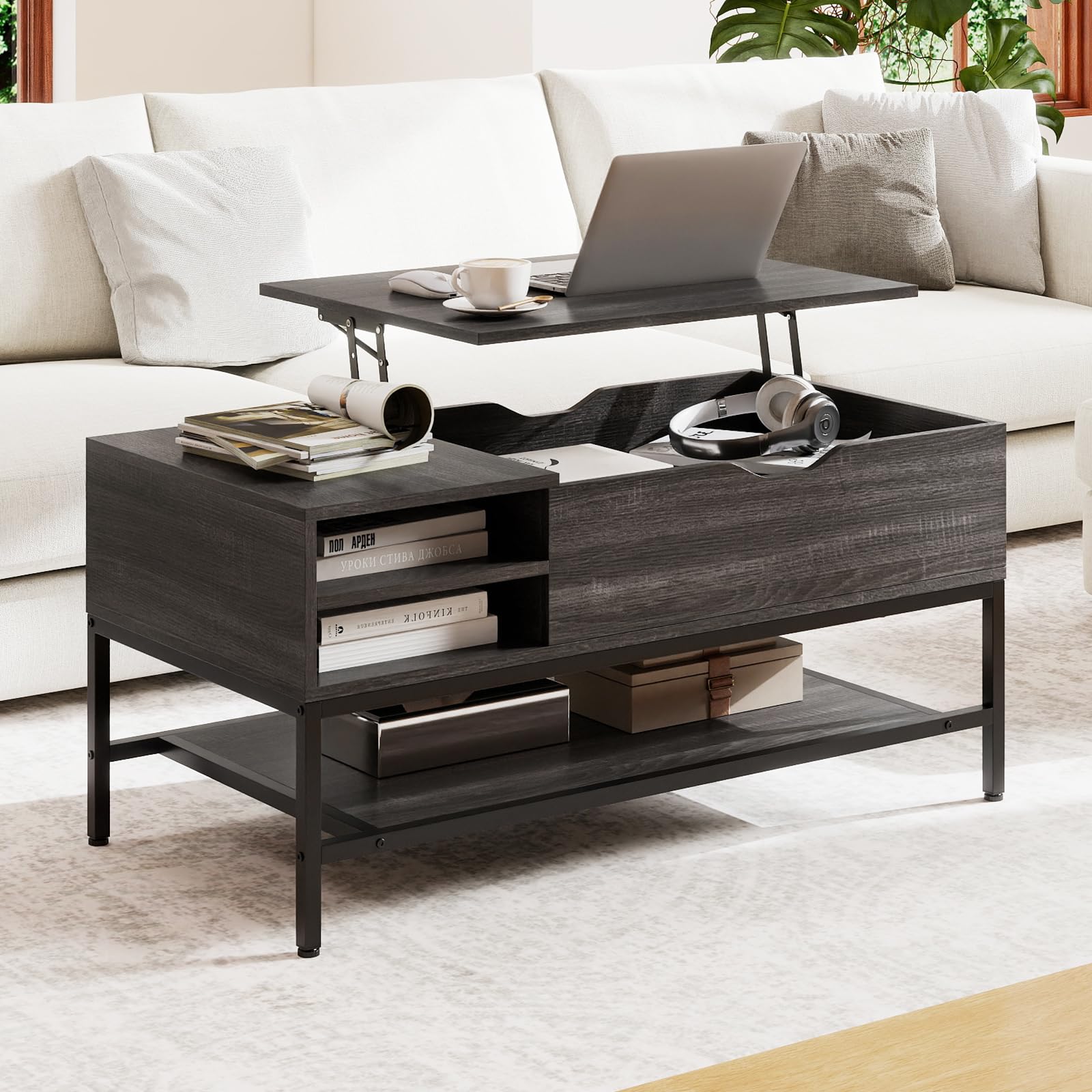 COSTWAY Couchtisch höhenverstellbar, Wohnzimmertisch mit offenem Fach und Ablagefach, Kaffeetisch, Sofatisch, Beistelltisch für Wohnzimmer, 99,5 x 49,5 x 47,5 cm (Grau)
