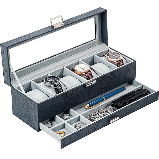 ProCase Watch Box for Men, 6 Slot Watch Display Case with Drawer, Mens Watch Case With Glass Lid, 2-Layer Jewelry and Watch Storage Watch Holder Organizer for Men Women -6 Slot, CrocCobaltBlue