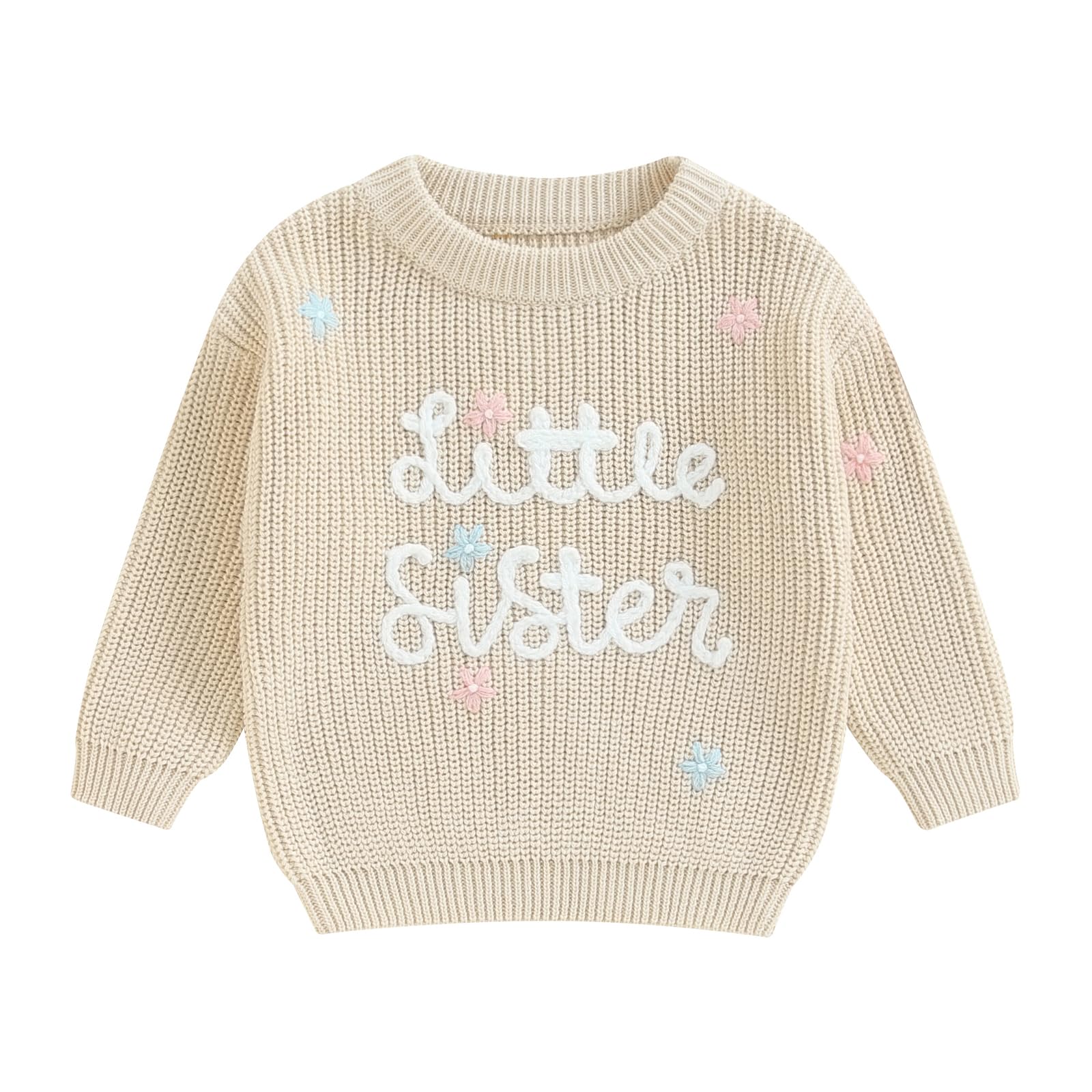 Toddler Baby Girl Boy Long Sleeve Knit Sweater Brothers Sisters Letter Embroidery Round Neck Pullover Fall Winter Tops (Little Sister Floral Beige, 0-3 Months)