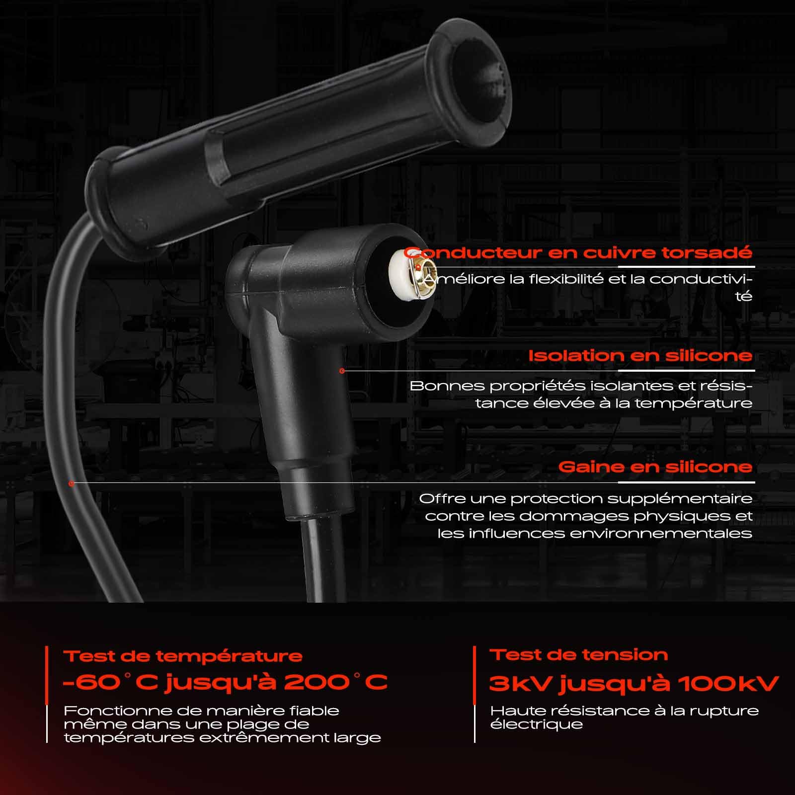 Frankberg 4x Kit de Câbles d'Allumage Essence Compatible avec Dokker L.o.d.g.y Logan S.a.n.d.e.r.o Clio II Kangoo M.e.g.a.n.e I Thalia I Remplacer# 8200943801