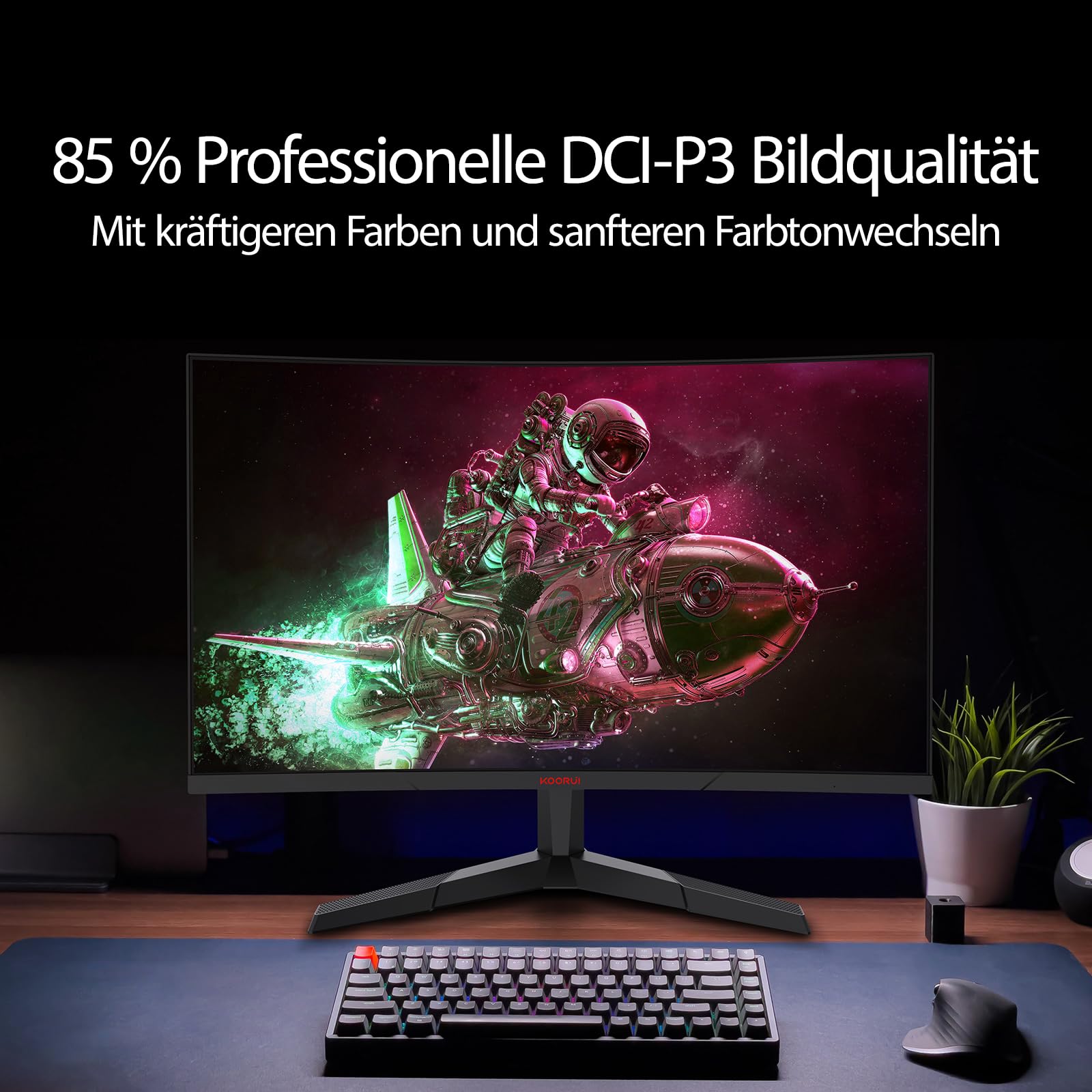 KOORUI Monitor gamingowy, 27”, zakrzywiona powierzchnia ekranu 1800R o rozdzielczości 2560 x 1440 (QHD), 144 Hz, 1 ms, DCI-P3 85%, ultracienka przysłona, regulowane nachylenie, obsługuje HDMI/DP
