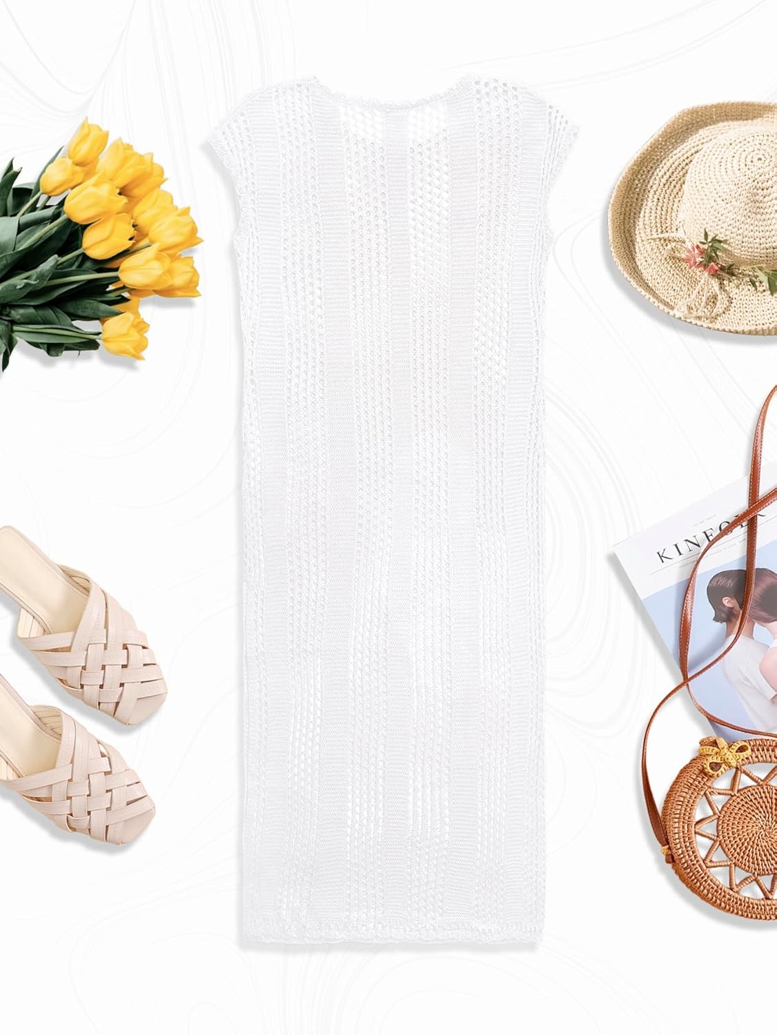 Womens Slim Fit Crochet Knit Swimsuit Coverup Midi Dress Summer 2025 Cap Sleeve Slit Beach Bathing Suit Cover Up - Image 4