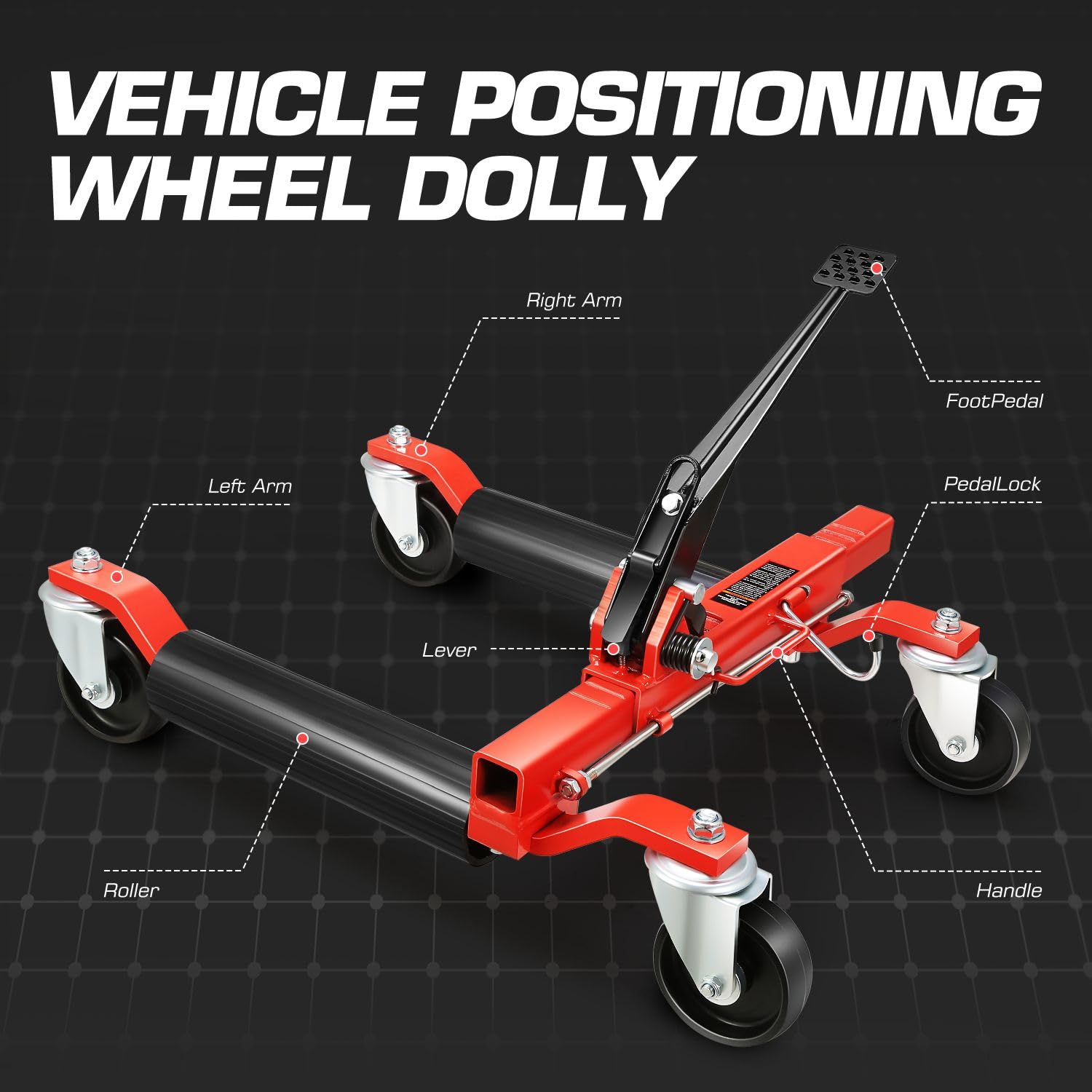 DNA MOTORING 2-teiliges Wagenheber-Set, mechanisch, 567 kg, 30,5 cm Rad, Fahrzeug-Positionierungswagenheber, robuste Rollen mit Ratschen-Fußpedal für Reifenreparatur, Umzug, TOOLS-00756