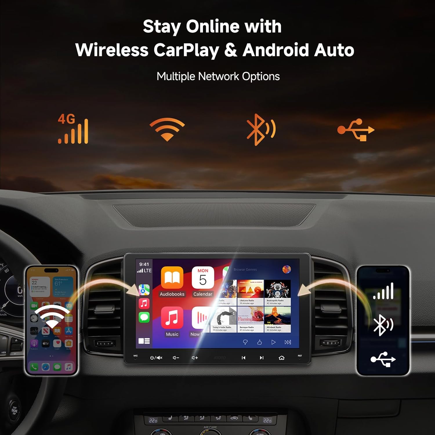 Double Din Car Stereo 9 inch, 6GB+128GB QLED Wireless CarPlay & Android Auto, 4G/Wi-Fi/Dual BT/USB, DSP, 4V RCA, AMP, SUB, GPS, AI-Powered, HDMI-in/Out,1080P Front & Backup Cams, S8G2099UN