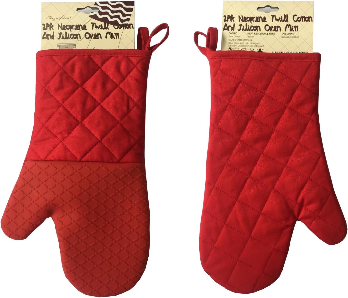 Magnificent Cotton Twill and Silicone Oven Mitts, Oven Glove, Kitchen Gloves, Non-Slip Silicone Grip, Heat Resistant - Red, 2 Right Hand Mitts