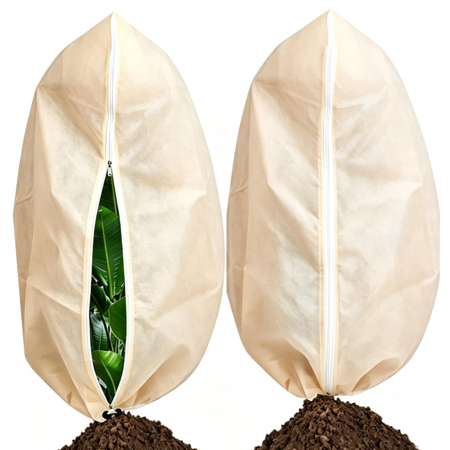 XIDEAN 2-Pack Winter Plant Covers Freeze Protection Beige 180 x 120cm Frost Cloth Plants Jacket Drawstring Zipper Tree Cover for Outdoor Plants, Shrub Potted Plants