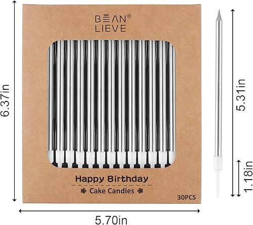 Miniatura 2 de BEAN LIEVE 30 velas de cumpleaños metálicas largas y delgadas plateadas, velas para pasteles, fiestas de cumpleaños, decoraciones de boda, velas de