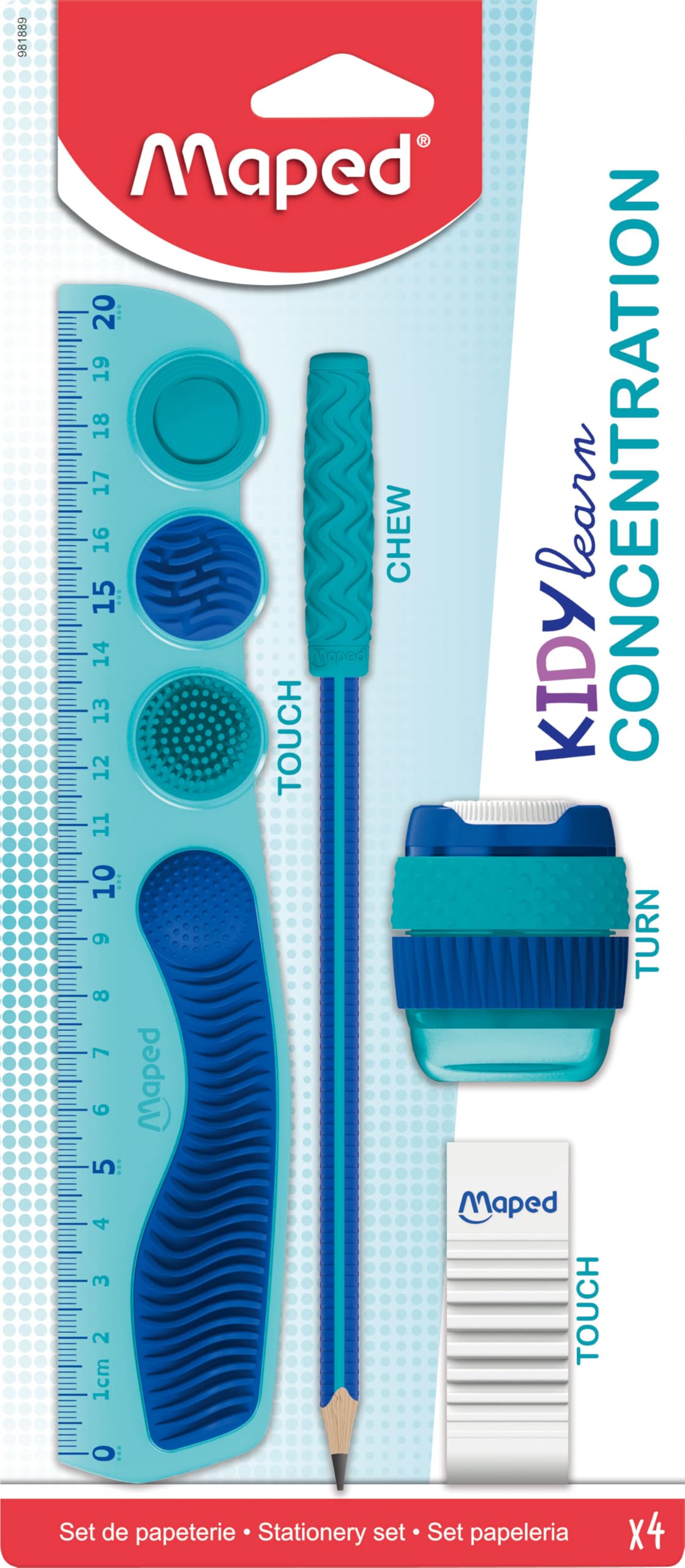 Maped - 4-tlg. Schul-Set KIDY LEARN CONCENTRATION - Lineal - Anspitzer - Radiergummi - Bleistift inkl. Silikonaufsatz - sensorische Stimulation - Verbesserung der Konzentration - von Lehrern empfohlen