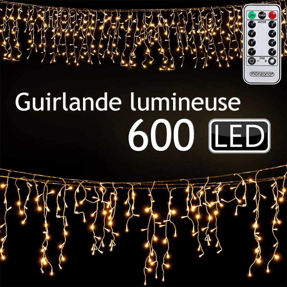 Monzana® Lichterkette 600 LED 20m Fernbedienung 8 Leuchtmodi IP44 Innen Außen Regenlichterkette Lichtervorhang Eisregen warmweiß Weihnachtsbeleuchtung