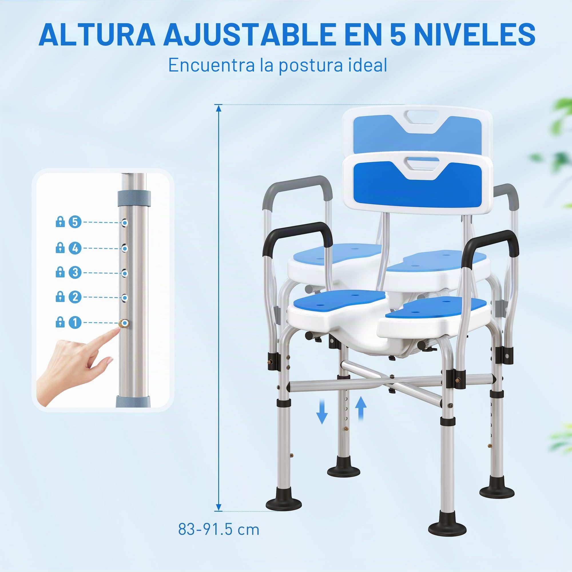 HOMCOM Silla Ducha Personas Mayores con Asiento Ranurado, 136 kg Azul | Silla de Ducha, Altura Regulable, Taburete de Baño Antideslizante, Respaldo y Reposabrazos, para Discapacitados
