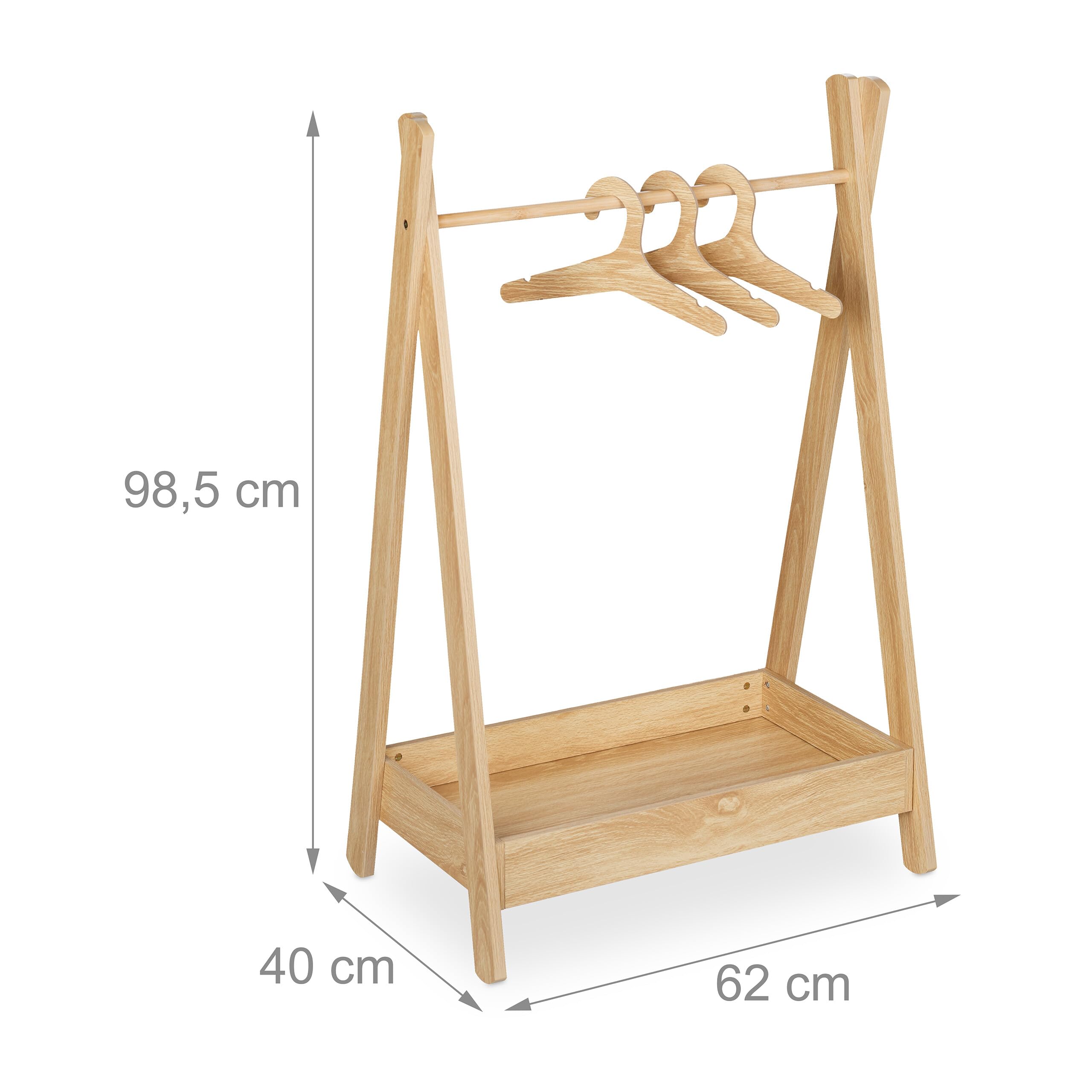 Relaxdays Perchero Infantil, Burro Ropa Niños, 98,5 x 62 x 40 cm, 3 Perchas, con Barra y Estante Zapatero, Natural