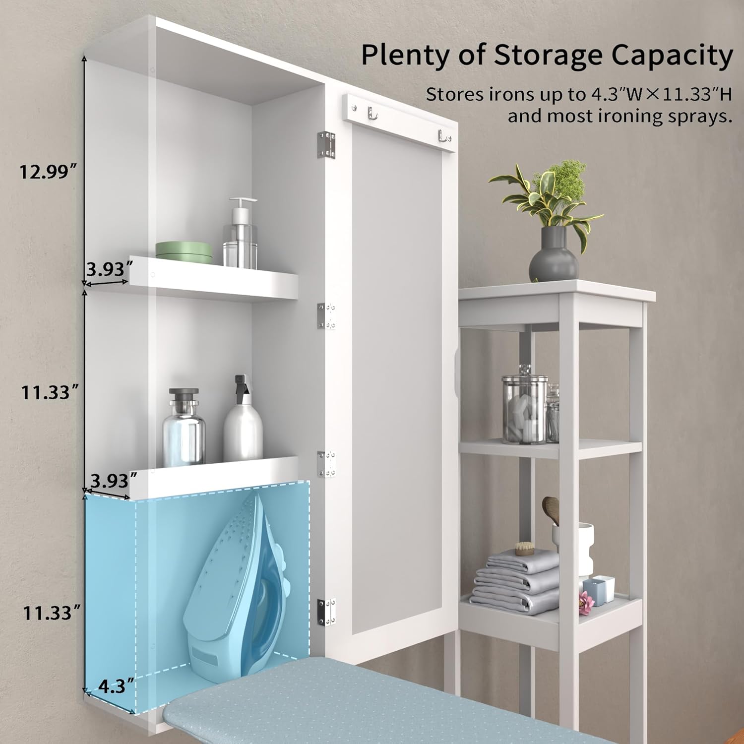 Wall Mounted Ironing Board with Storage Cabinet,Built in Ironing Board & Folding Support Leg, Wall-Mounted Mirrors for Home, Apartment & Small Spaces