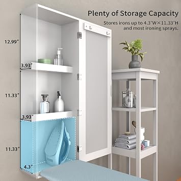 Wall Mounted Ironing Board with Storage Cabinet,Built in Ironing Board & Folding Support Leg, Wall-Mounted Mirrors for Home, Apartment & Small Spaces | 2 Garment Hooks | 2 Organizer Shelves | Foldable Leg & Holds 85lbs | Fits All Spray Bottles | No Assembly Required