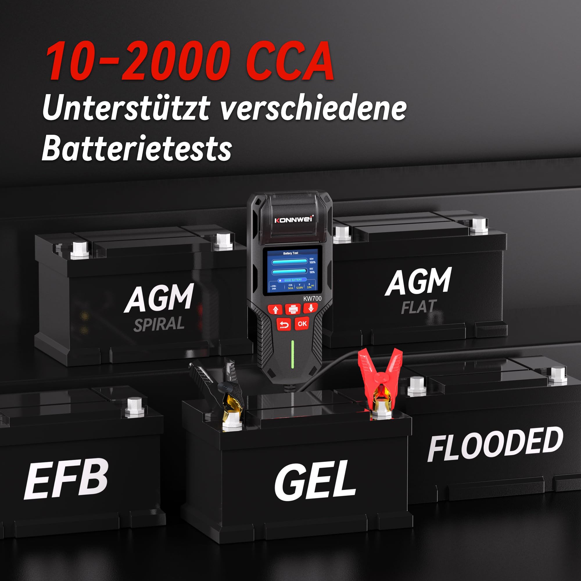KONNWEI KW700 Batterietester mit Drucker 12V 24V Mit Druckerpapier | Batterie Tester Batterie Lasttester mit 10-2000 CCA, Anlassprüfung Ladetest Lichtmaschine Tester für KFZ LKW Motorrad