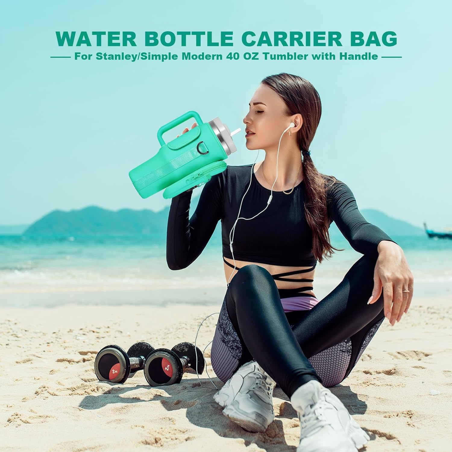 Water Bottle Carrier Bag with Phone Pocket for Stanley 40 & 30 oz Tumbler with Handle,Pink Insulated Neoprene Cup Holder Pouch w/Adjustable Strap for Quencher H2.0 Stanley Cup Accessories - Image 2