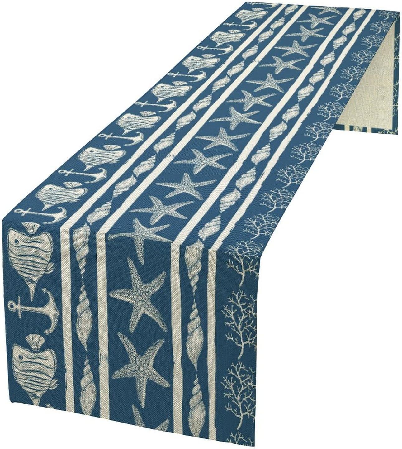 Starfish Beach Table Runner, Ocean Vintage Seashell Nautical Coastal Coral Retro Anchor, Rectangle Scarf for Dining Room Kitchen Table Setting Decor 13in(33cm) W * 120in(305cm) L