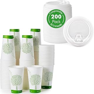 ECOLipak 210 Count 16 oz Compostable Paper Coffee Cups and 200 Count CPLA Lid, Eco-friendly Hot Drinking Cups for Party, Picnic, Travel,and Event
