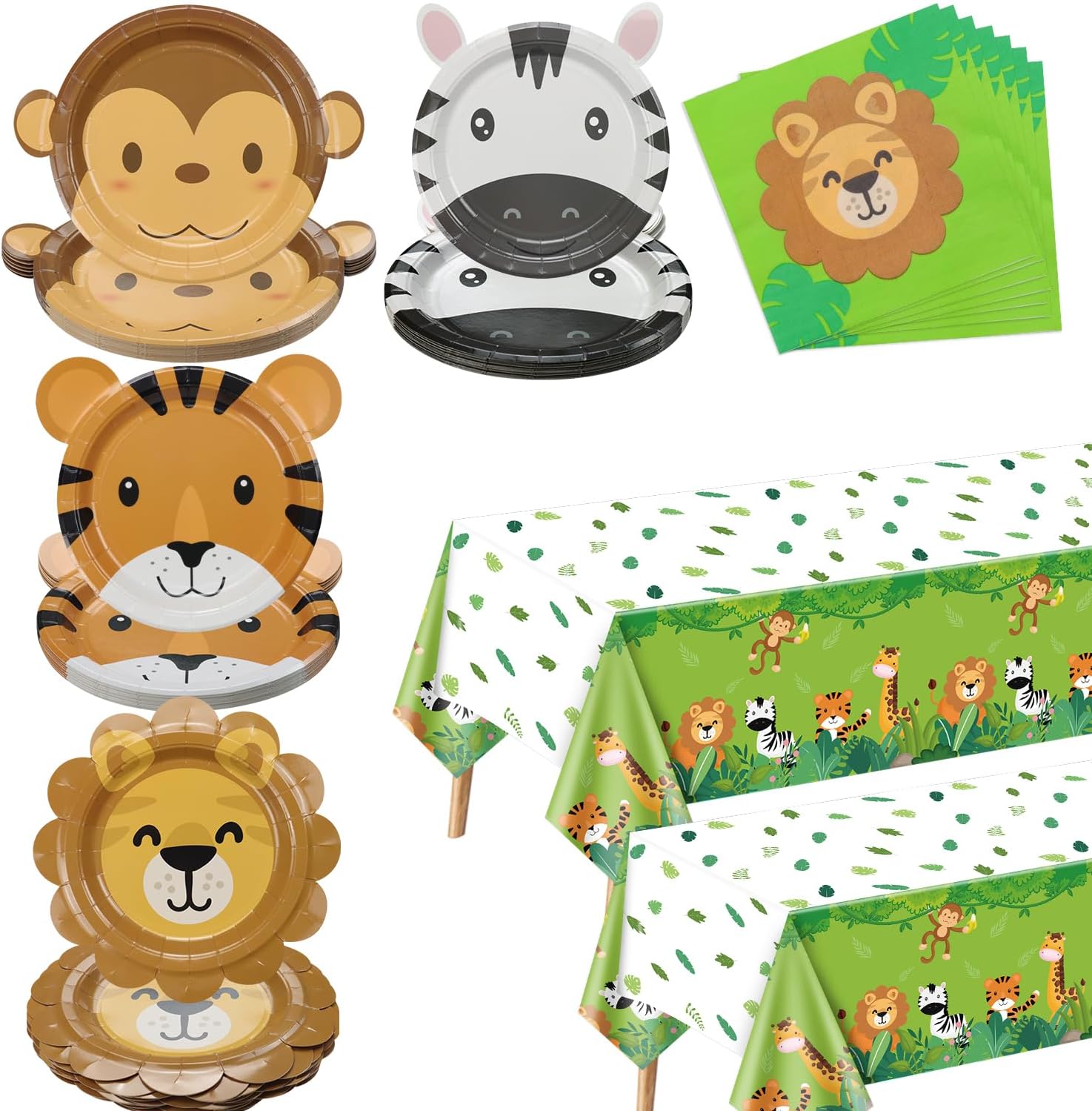 122 Pcs Safari Birthday Decorations - Include Animal Shaped Paper Plates, Jungle Tablecloth, Napkins, Jungle Party Decorations for Wild One Birthday, Baby Shower, Serves 40