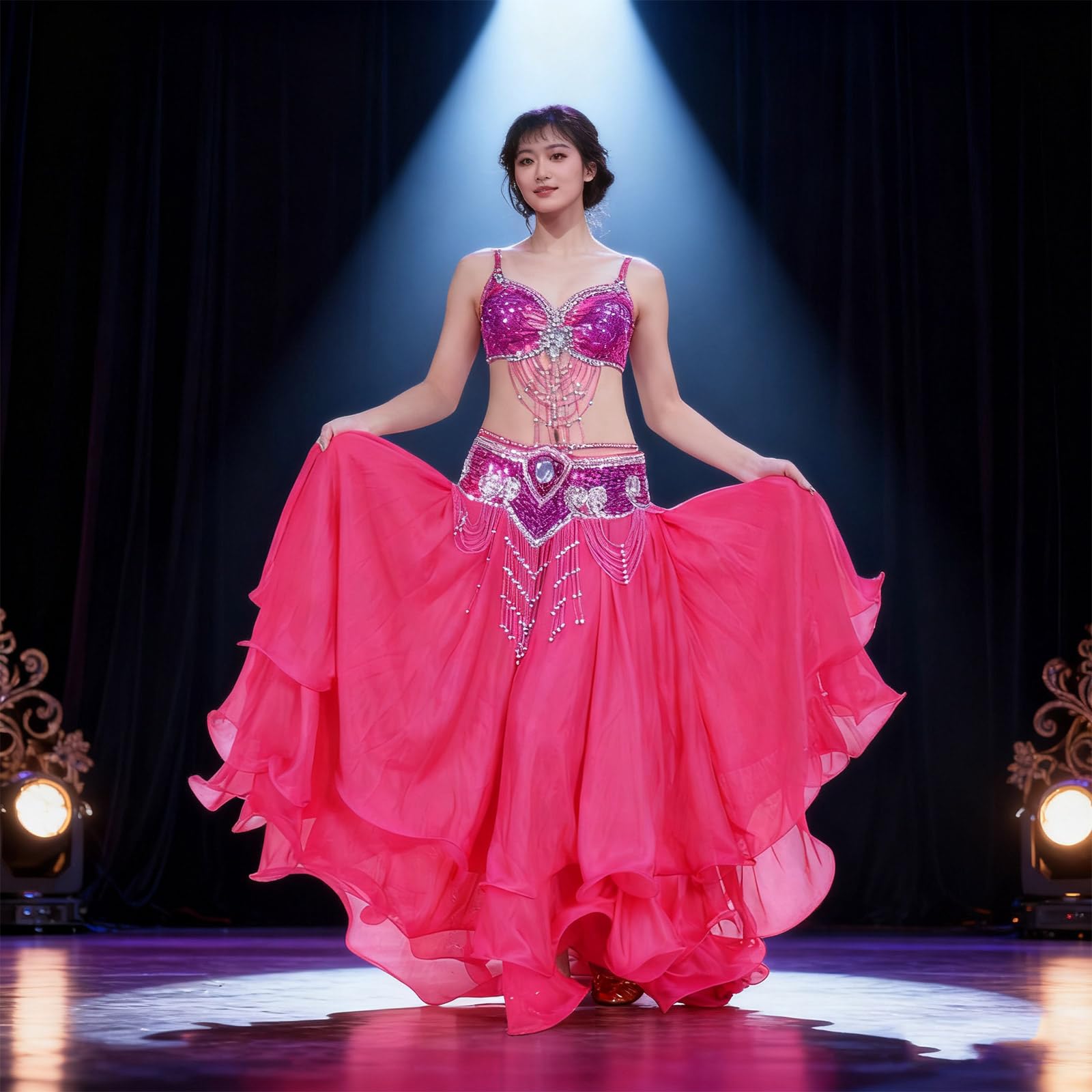 Gonna per danza del ventre in chiffon a 3 strati con orli arrotolati, leggera, svasata, in poliestere, costume da donna per danza del ventre