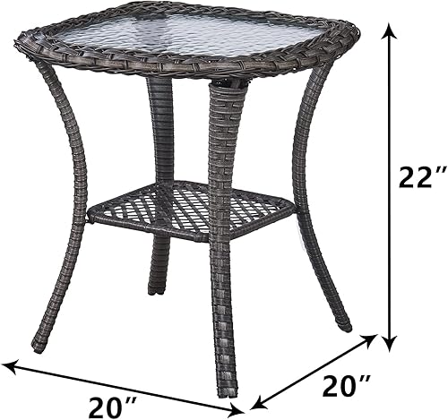Miniatura 6 de Mesa auxiliar de ratán para patio, mesa de mimbre tejida a mano de 2 niveles, mesa cuadrada de cristal esmerilado de 0.197 in, mimbre gris