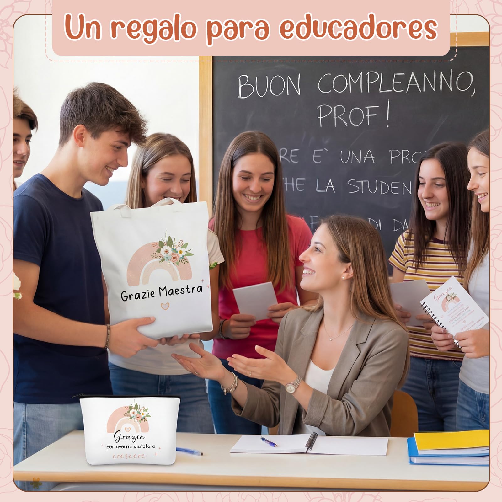 Hestya 5 Pezzi Regalo Maestre Fine Anno Grazie Maestra Borsa Tote per Insegnanti Borsa Comestic Portachiavi Penna a Sfera Taccuini Tascabili Regali Ringraziamento per Insegnante Laurea Compleanno