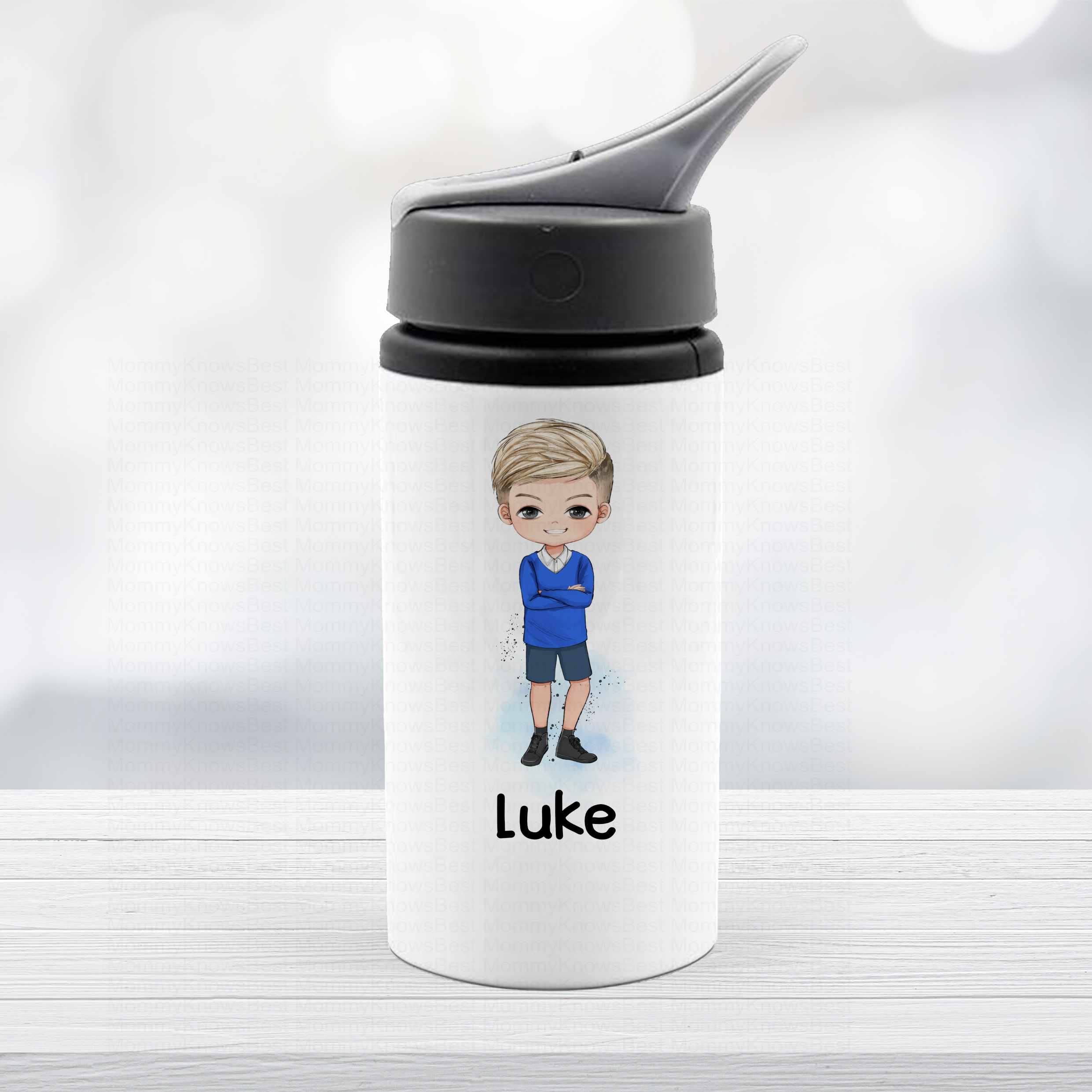 Back To School Drinks Bottle Personalised Boy in blue uniform - Drink Container - Collage - white alimumim metal water bottle