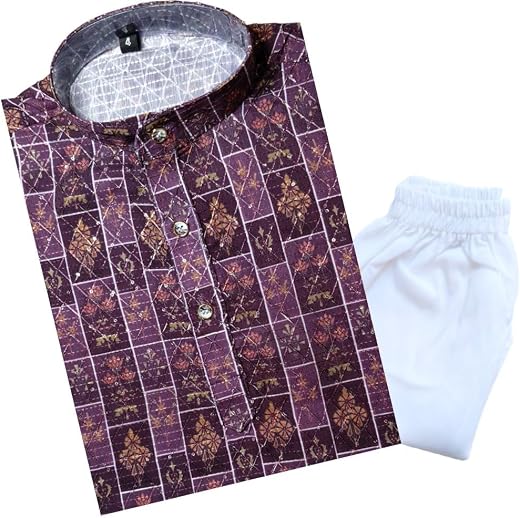 TinySteps Traditional Ethnic Wear Boys Rayon Printed Kurta With Sequin Embroidery and White Cotton Pajama