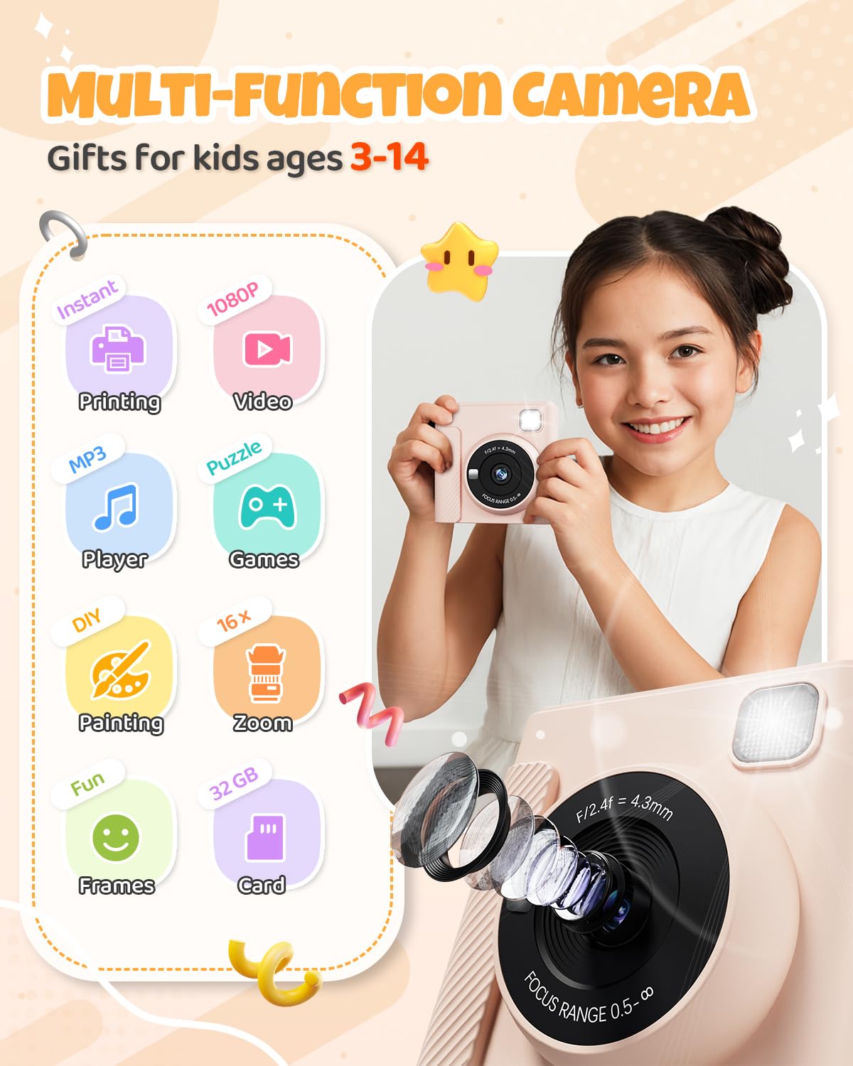 TIATUA Macchina Fotografica Bambini Istantanea, 2.4 Pollici 1080P Fotocamera Digitale Bambini con 32GB Scheda & Papier Photo, Regalo di Natale per Bambini dai 3-12 Anni