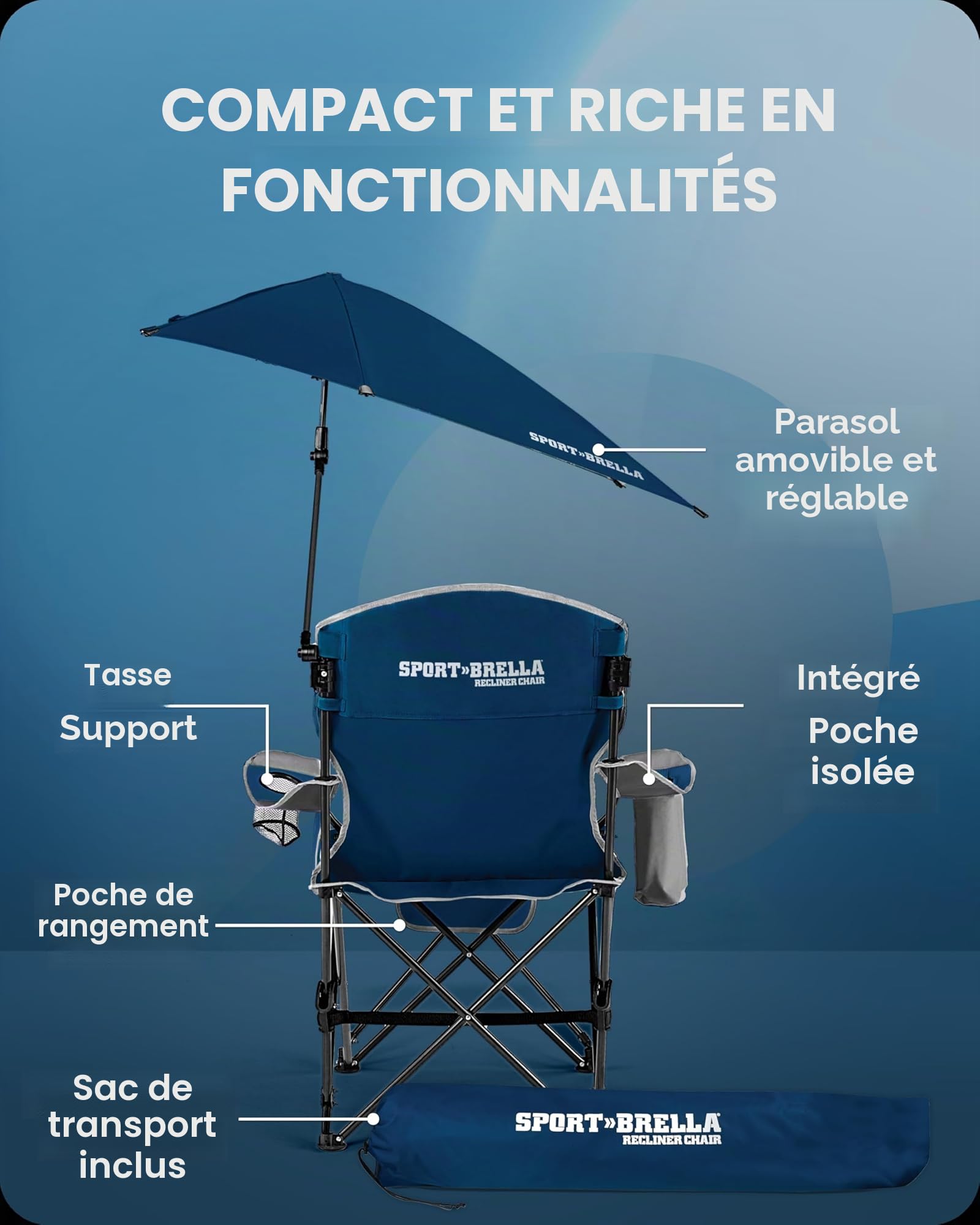 Sport-Brella Chaise Pliante Fauteuil inclinable Fauteuil de Relaxation à 3 Positions avec Parapluie Amovible, Bleu Nuit