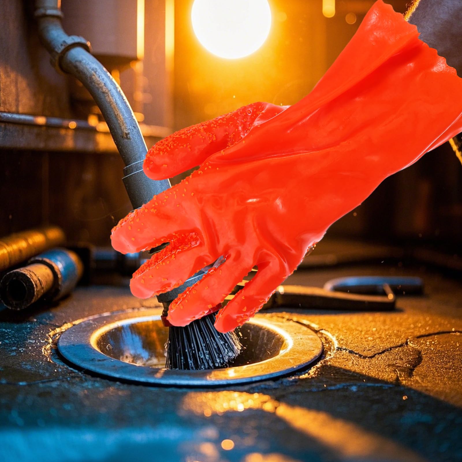 6 Pares de Guantes Largos de Limpieza para Fontanería, Resistentes Abrasión Prueba de Agua, de Goma Naranja para Sistemas de Drenaje Domésticos y Comerciales