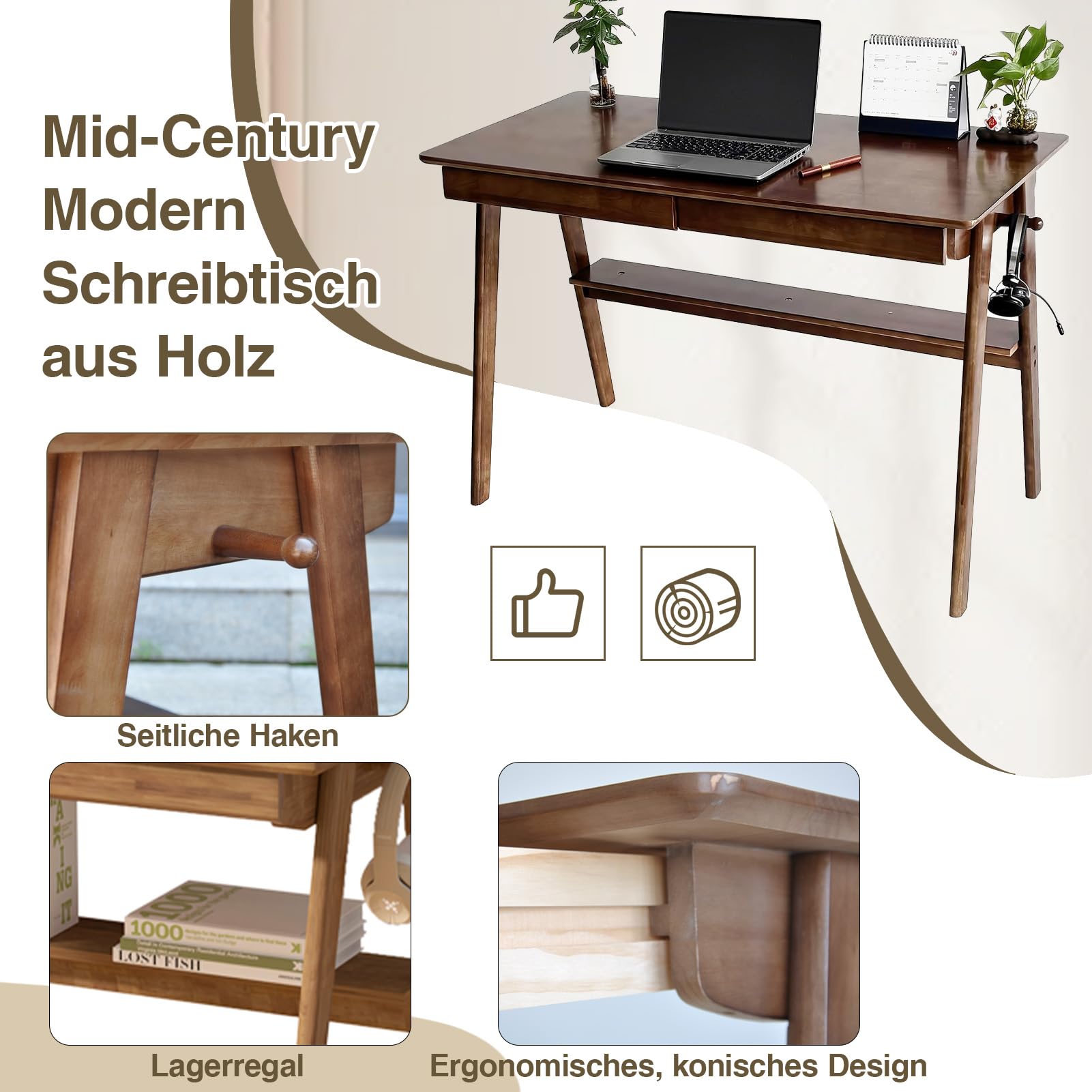 Eiche Schreibtisch mit Schublade 100x60cm Walnuss | Eiche Massivholz Schreibtisch, 2 Schubladen + Hakenleiste, 100x60cm