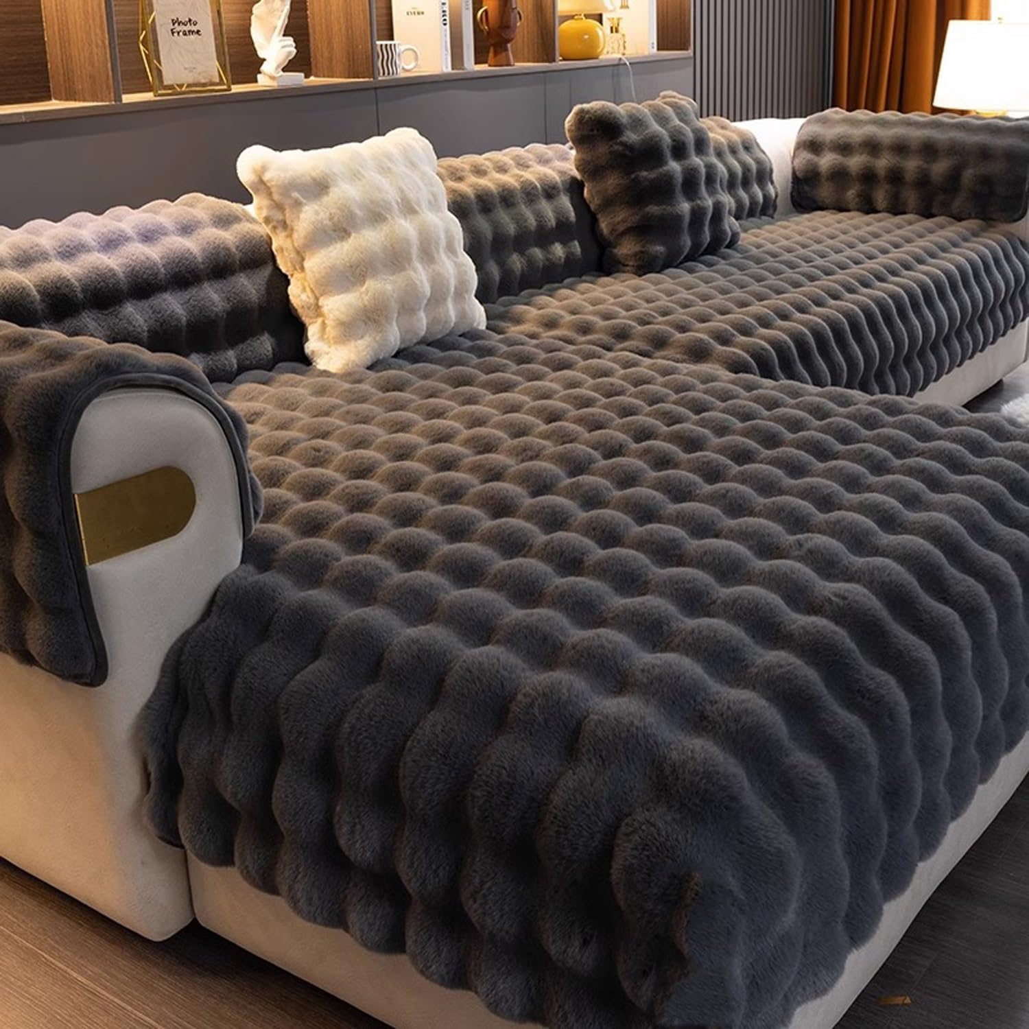 AYUOEODM Felpa De Conejo Cubre Fundas De Sofá 3/2/4/1 Plazas,Fundas para Sofa Antideslizante Chaise Longue Cubre Sofa, Cheslong Brazo Largo Derecho Ajustables De Forma L Lavables(Dark Grey,110x240cm)