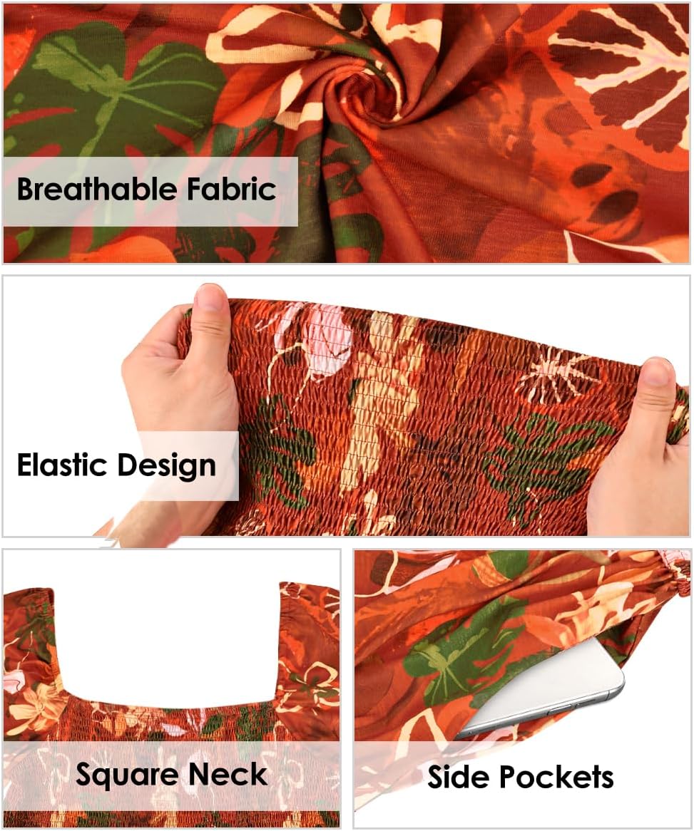 RITERA Plus Size Dresses for Curvy Women Square Neck Short Sleeve Summer Floral Smocked Maxi Dress with Pocket XL-5XL - Image 6