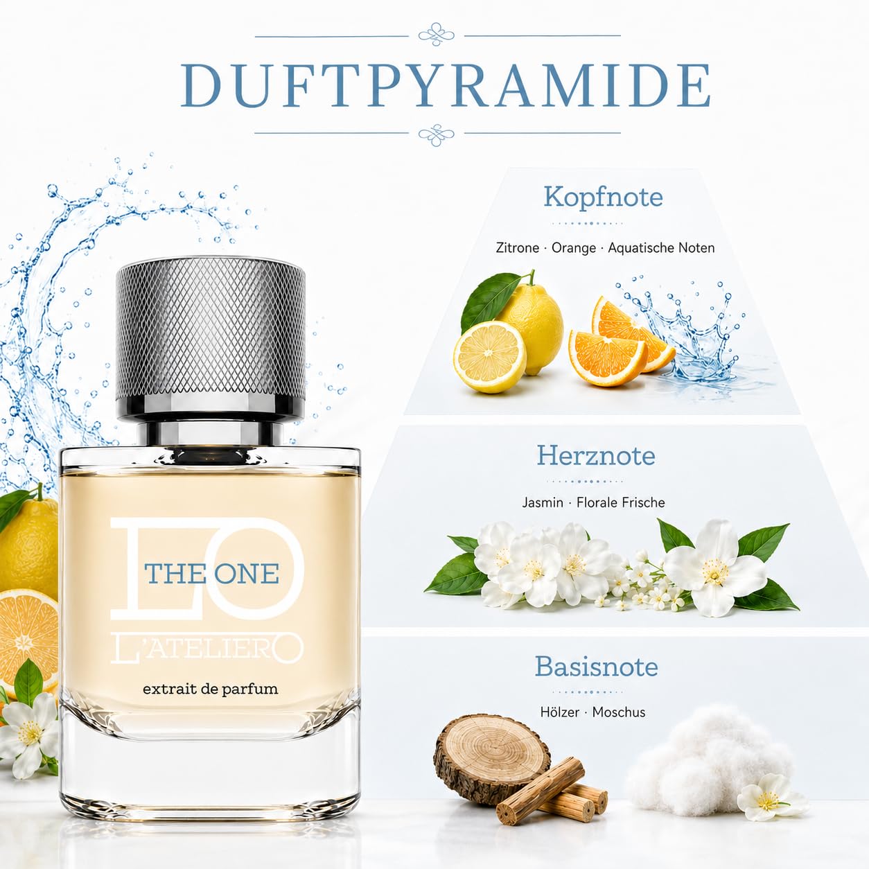 L'ATELIERO - THE ONE - Sommerduft für Herren Extrait de Parfum 50 ml | Frisches Sommerparfum mit 25% Duftöl, aquatisch zitrischer Duft, clean, intensiv und langanhaltend