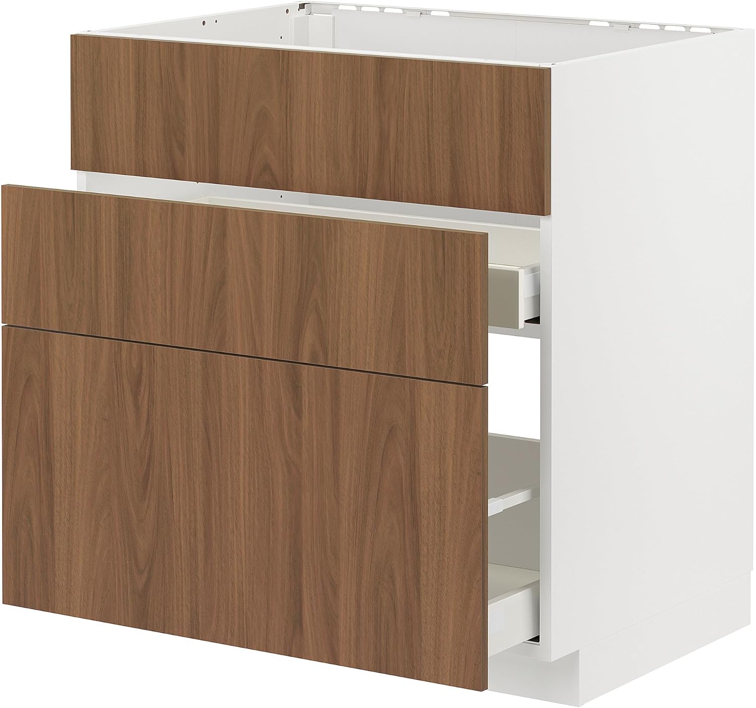 METOD/MAXIMERA Base Cab F Sink + 3 Fronts/2 Drawers, White/Tea Taupe Brown Walnut Effect, 80x60cm