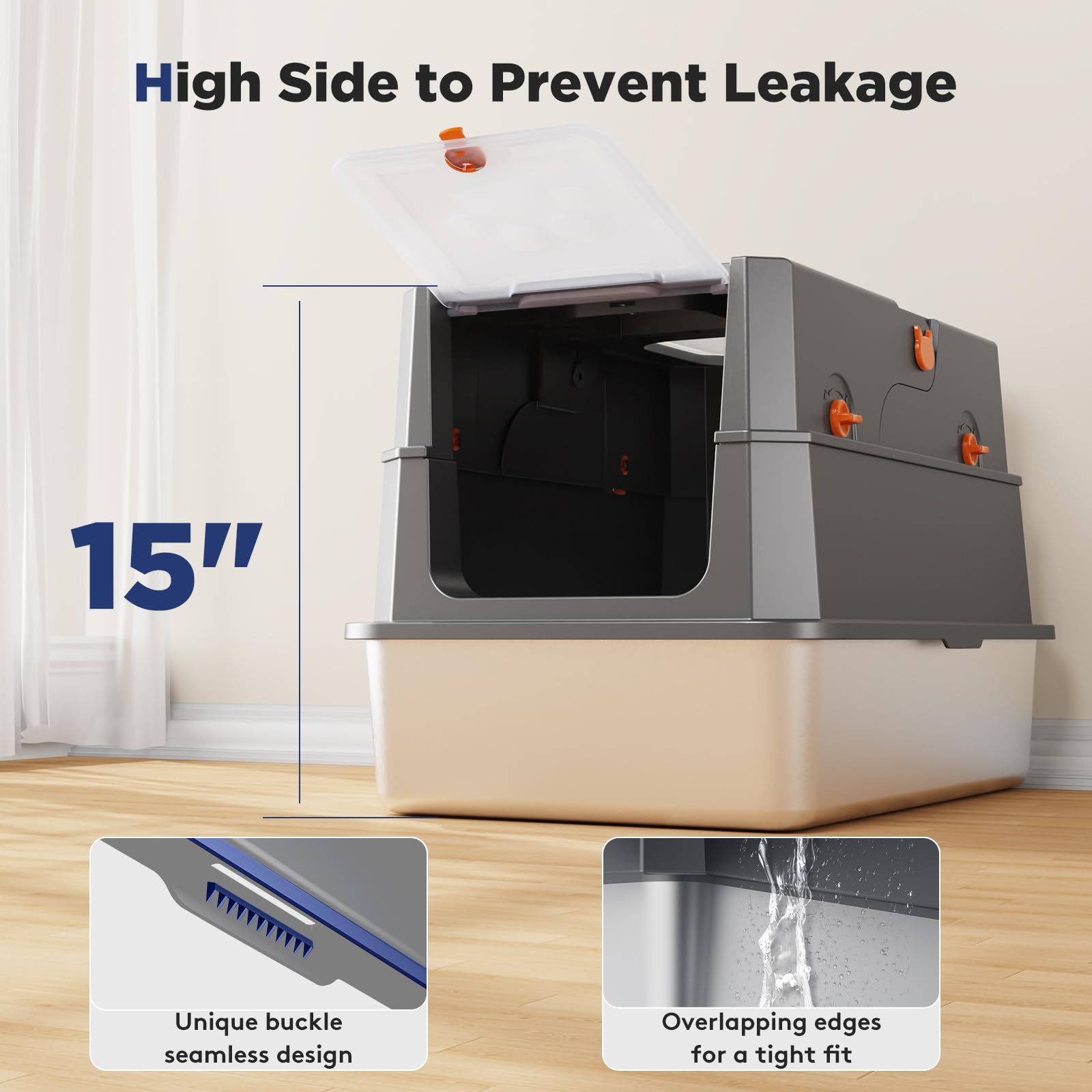 FURTIME Stainless Steel Litter Box with Lid, Large Enclosed Cat Litter Box for Big Cats, Metal Cat Box with High Sided Enclosure & Scoop, Front & Top Entry, Odor Free, Anti-Leakage, Grey