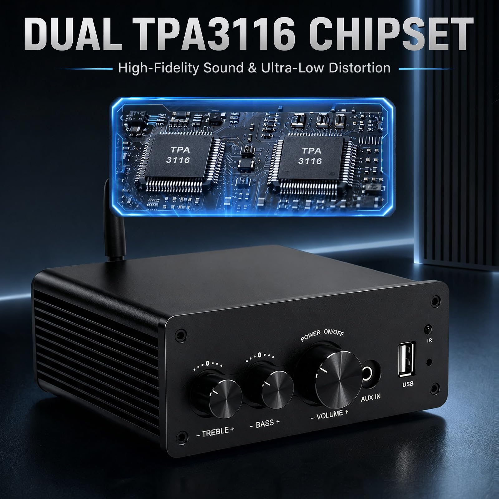Mini Amplificatore Bluetooth HiFi con Telecomando, Amplificatore Stereo, Ingresso AUX, Uscita Audio L/R 2 Canali, 100W X2 per Diffusori by Passi Casa Audio