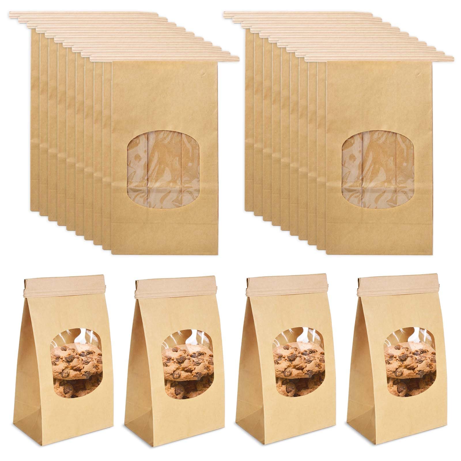 20 Pieces Kraft Paper Bags, Baking Bags with Windows and Sealing Strips, Reusable for Cookies, Cakes, Sandwiches, Snacks (Brown)