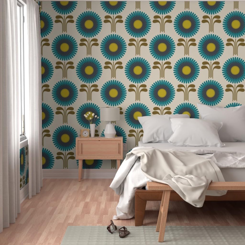 Peel & Stick Wallpaper 3ft x 2ft - Retro Vintage Floral Olive Custom Removable Wallpaper by Spoonflower