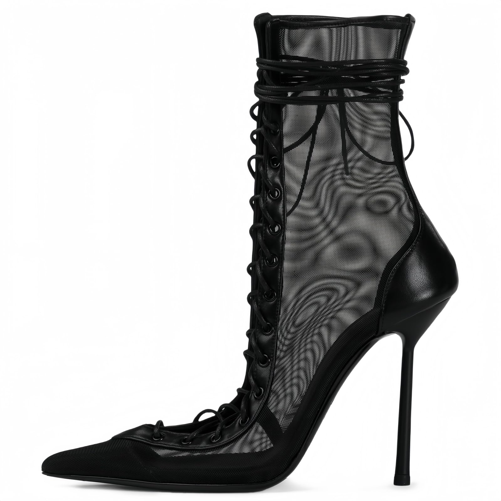 Mesh Ankle Boots for Women Kitten High Heels Pointed Toe Lace-Up Short Booties Sexy Fall Shoes