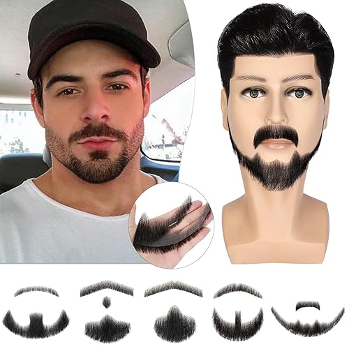 Fanguilar 100% cabello humano atado a mano completa de encaje falso bigote de cabra, cabello humano de barba falsa maquillaje realista para