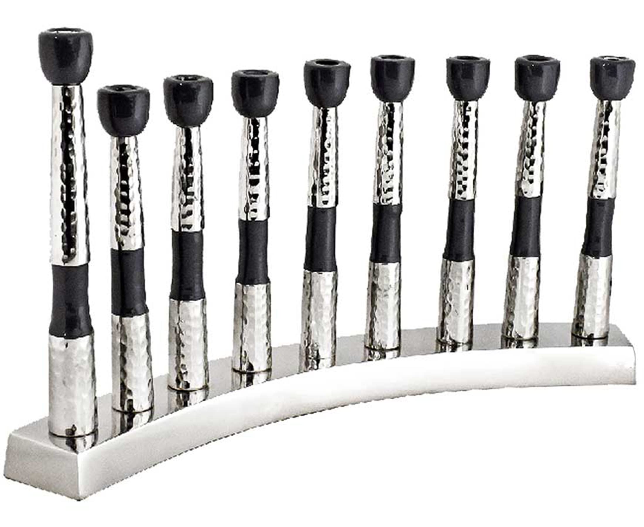 Artistic Curved Pillars Candle Menorah Nickel Plated High Polish Hanukkiah with Elegant Hammered & Enamel Detailing Formation Minorah for Chanukah Fits Standard Hanukah Candles (Black)
