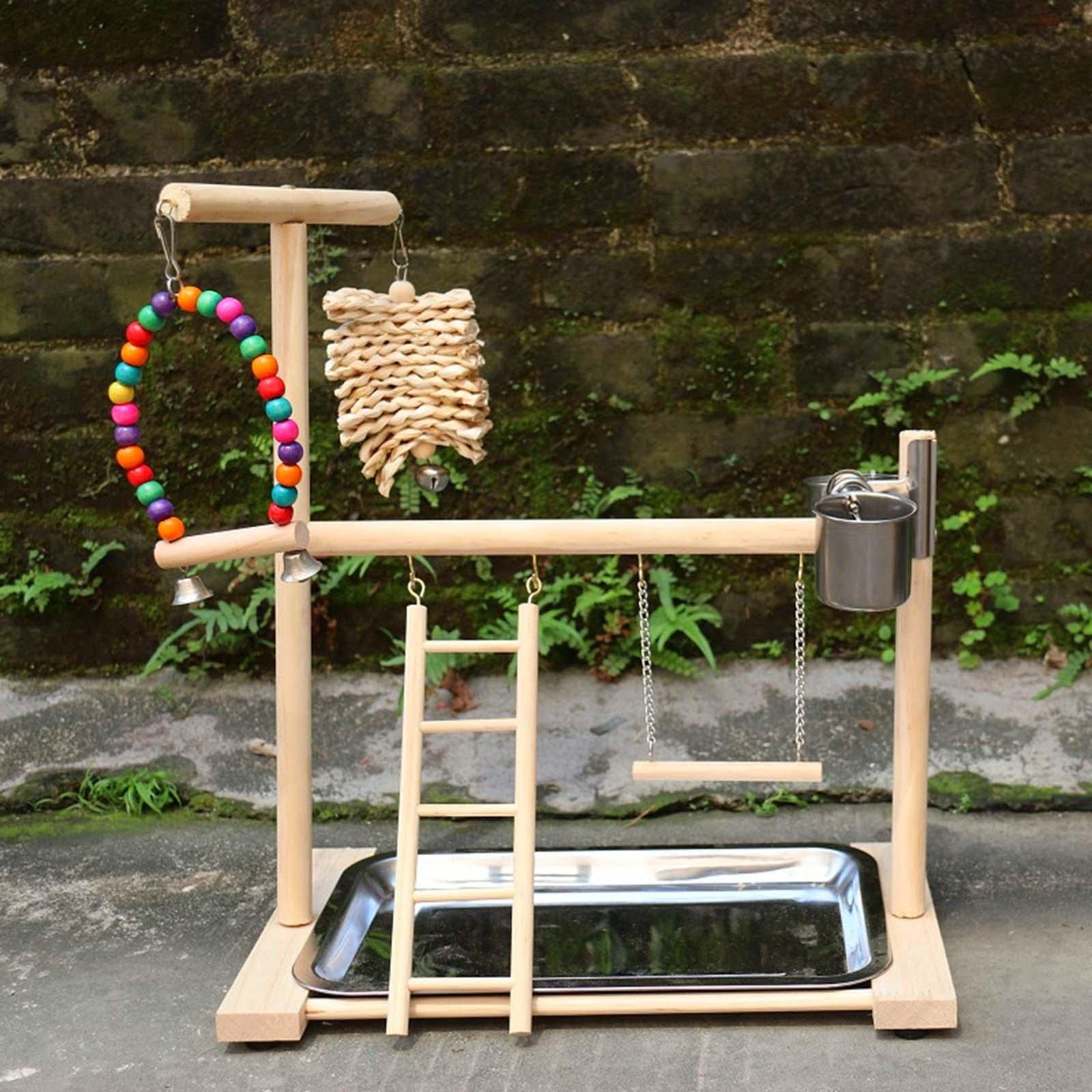Perchoir pour Perroquets avec Balançoire, échelle, Mangeoire et Accessoires en Bois Naturel, Fabriqué à La Main. Convient Aux Animaux de Compagnie.